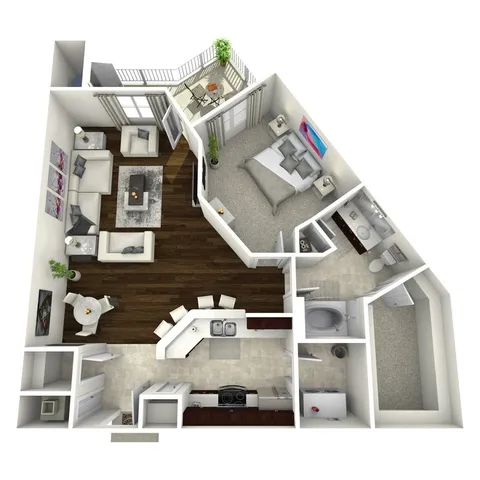 Chic 3D floor plan featuring a modern one-bedroom with spacious living area, open kitchen, luxurious bathroom, and a cozy balcony.
