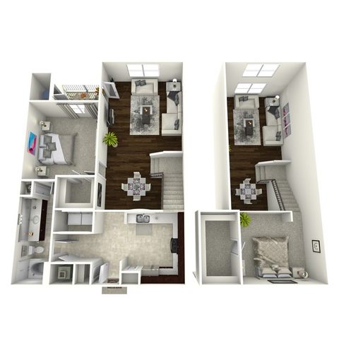 Chic 3D floor plan showcasing two-level apartment with 2 bedrooms, sleek kitchen, elegant living room, and a cozy staircase.