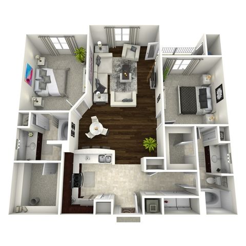 Contemporary 2D floor plan showcasing two elegant bedrooms, a spacious living room with hardwood flooring, and a modern kitchen. Includes two bathrooms, providing a family-friendly layout with stylish design elements.
