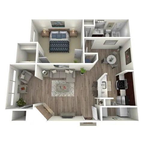 Contemporary 3D floor plan featuring a spacious bedroom, modern kitchen, and cozy living room with hardwood floors.