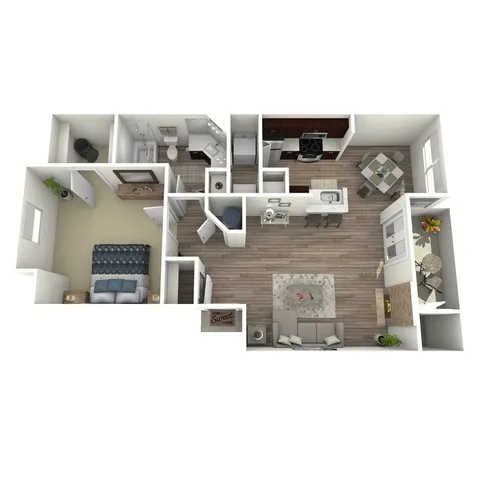 Elegant 3D floor plan showcasing a spacious one-bedroom apartment with modern kitchen, cozy living room, and charming dining area.