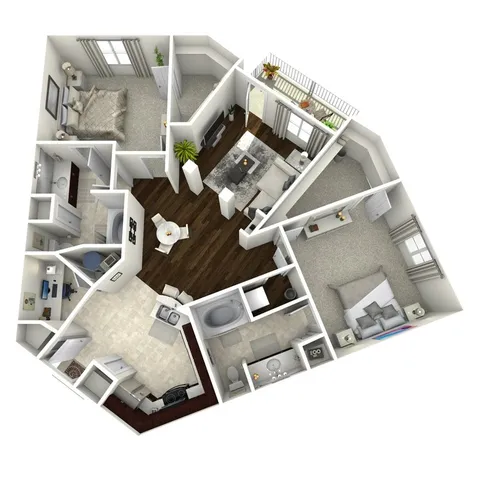 Modern 3D floor plan featuring 2 bedrooms, a spacious living area, an elegant kitchen, and a cozy balcony.