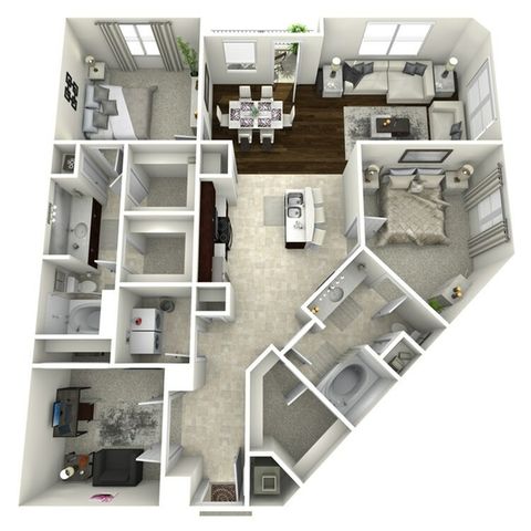 Spacious modern 3D floor plan featuring two elegant bedrooms, open kitchen, bright living room, and two luxurious bathrooms.