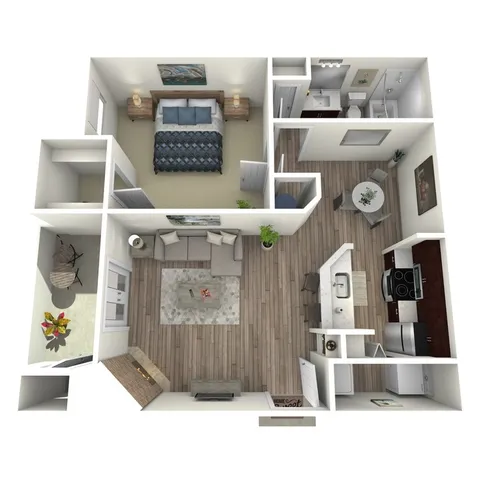 Inviting 3D floor plan featuring a cozy bedroom, modern kitchen with breakfast bar, and spacious living area with a fireplace, ideal for comfortable living.