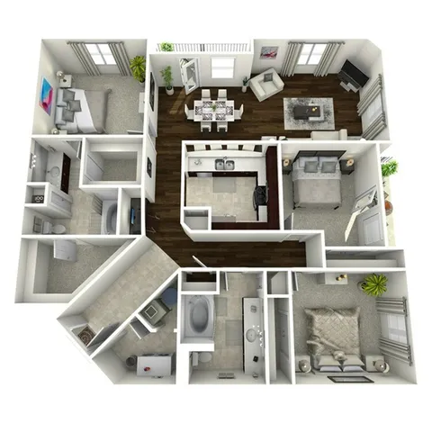 Modern floor plan showcasing three spacious bedrooms, a sleek kitchen, open dining area, and cozy living room. Ideal for comfortable living.