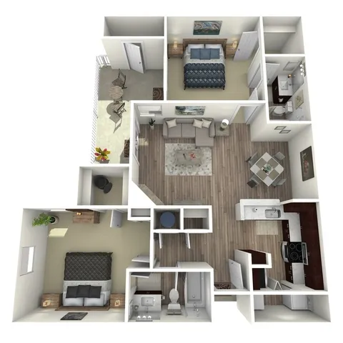 Modern open floor plan featuring 2 bedrooms, cozy living area, stylish kitchen, private balcony, and 2 elegant bathrooms.