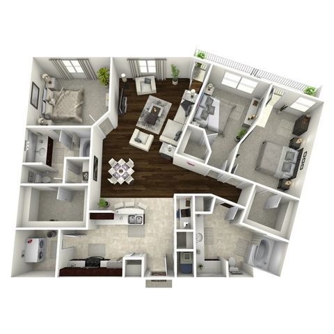 Modern 3D floor plan showing 3 bedrooms, a cozy living room, and a well-equipped kitchen with open dining area, elegantly designed for comfortable living.