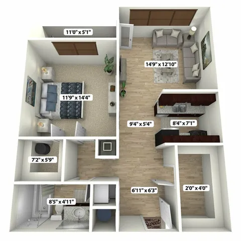 Inviting 3D floor plan highlighting a spacious one-bedroom apartment with a cozy living area, modern kitchen, and well-sized bathroom.