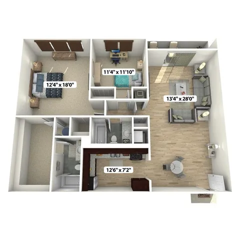 Modern 3D floor plan with 2 bedrooms, spacious living area, sleek kitchen, and cozy dining space, perfect for comfortable living.