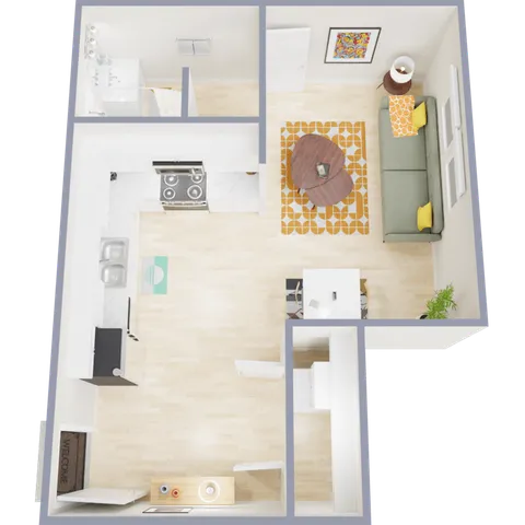 Chic 2D apartment floor plan featuring a cozy living room, modern kitchen with dual sinks, and a spacious bathroom.