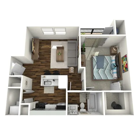 Contemporary 1-bedroom apartment floor plan featuring an open-concept living area, stylish kitchen with island, spacious bedroom, and modern bathroom.