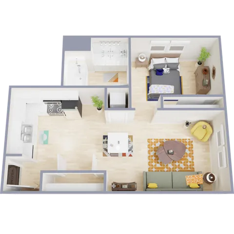 Bright and modern 3D floor plan showcasing a cozy 1-bedroom apartment with open-concept living and dining area, stylish kitchen, and spacious bathroom.