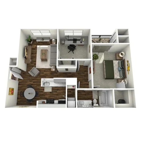 Chic 3D floor plan showcasing a modern one-bedroom apartment with a sleek kitchen, spacious living area, stylish office nook, and cozy balcony.