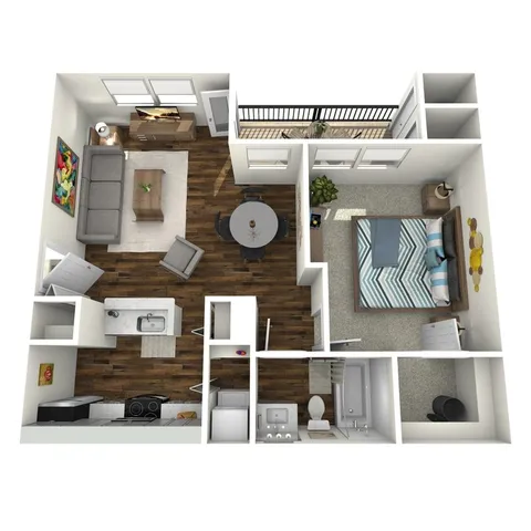 Chic 3D floor plan featuring an inviting open-concept living area, modern kitchen, spacious bedroom, and private balcony.