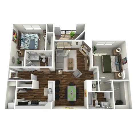 Modern 3D floor plan showcasing 2 spacious bedrooms, an elegant open-concept living area, and a stylish kitchen with bar seating.