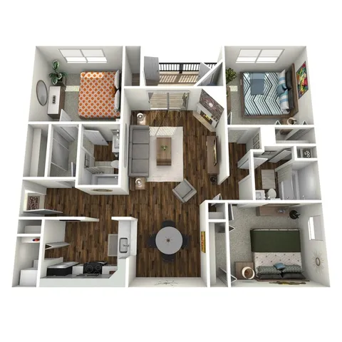 Modern 3D floor plan showcasing three spacious bedrooms, a cozy open living area, and a stylish kitchen with dining space.