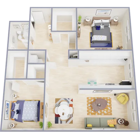 Modern 3D floor plan featuring 2 spacious bedrooms, a contemporary open-concept living and dining area, and a fully equipped kitchen.