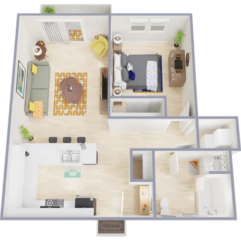 Charming 3D floor plan showcasing a one-bedroom apartment with an inviting living area, cozy bedroom, and modern kitchen. Brightly decorated with contemporary furniture, perfect for stylish city living.