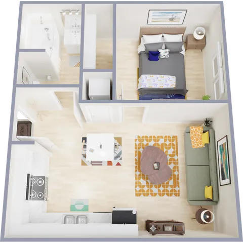 Bright and inviting 1-bedroom floor plan with an open-concept living room, modern kitchen, and stylish bathroom.