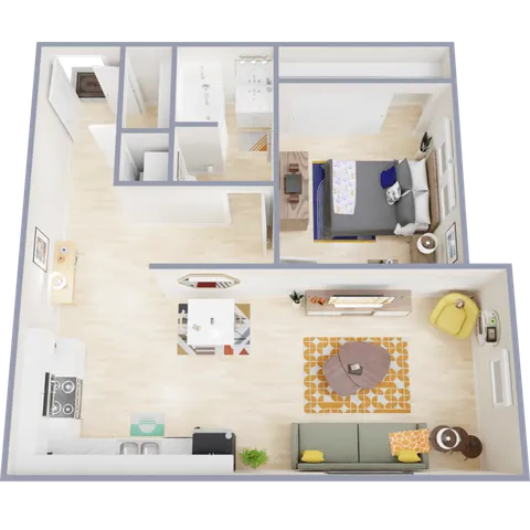 Charming 2D floor plan featuring a cozy 1-bedroom layout with an inviting living room, modern kitchen, and stylish bathroom.