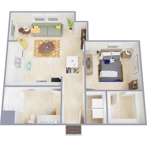 Charming 2D floor plan of a cozy apartment featuring a spacious living room, modern kitchen, comfortable bedroom, and a sleek bathroom.