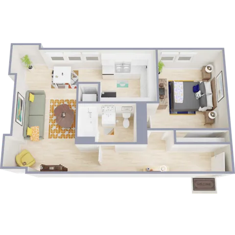 Modern 3D floor plan featuring a cozy bedroom, stylish living area, compact kitchen, and a functional bathroom, perfect for comfortable living.