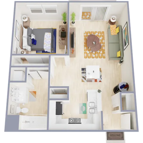 Charming 1-bedroom apartment floor plan showcasing a cozy living area, modern kitchen, and stylish bathroom.