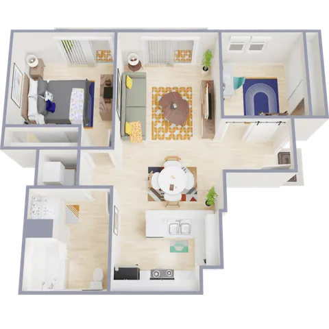 Charming 3D floor plan featuring a cozy bedroom, modern kitchen, inviting living area, and chic bathroom with elegant fixtures.