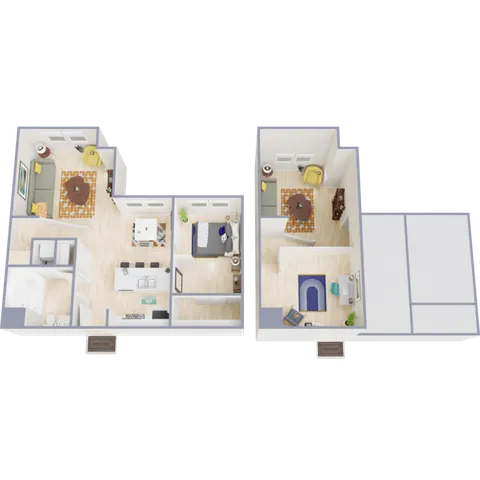 Charming 3D floor plan showcasing two stories with cozy living room, modern kitchen, two bedrooms, and inviting study area.