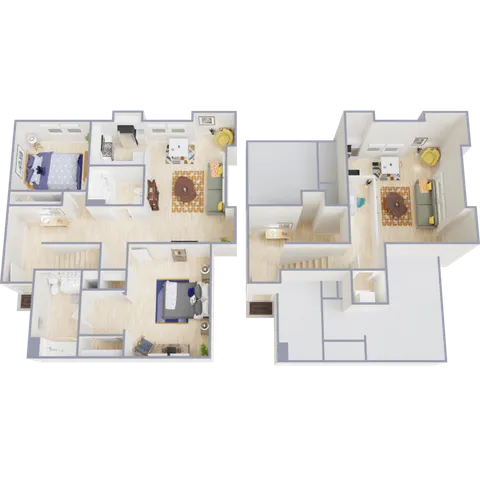 Bright and modern 3D floor plan showcasing a stylish two-story apartment with spacious living room, 2 cozy bedrooms, and an inviting kitchen area. Perfect blend of comfort and elegance.