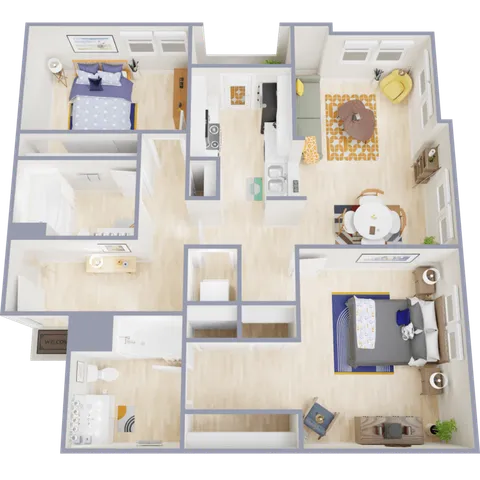 Inviting 3D floor plan featuring two spacious bedrooms, open-concept living and dining area, modern kitchen, and cozy bathroom layout.