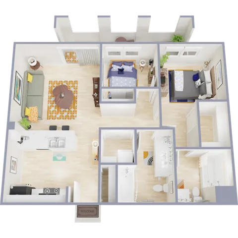 Modern 3D floor plan showcasing a cozy two-bedroom apartment with an open-concept living room, sleek kitchen with island seating, and two elegant bathrooms.