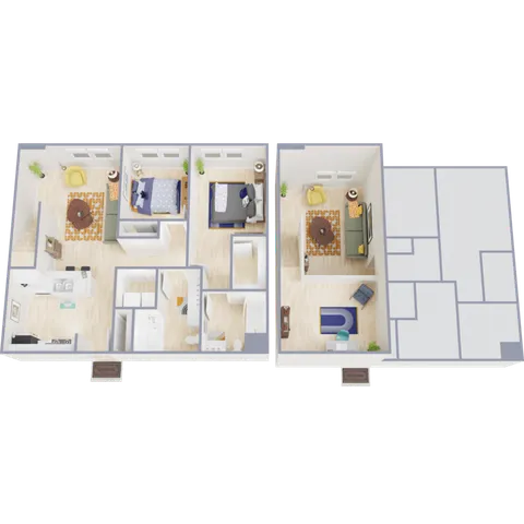 Spacious 3D floor plan showcasing three inviting bedrooms, a cozy living area, and a modern kitchen, offering a blend of comfort and style.