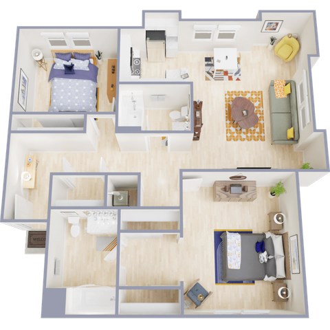 Bright and airy 3D floor plan showcasing two cozy bedrooms, a stylish open living-dining area, modern kitchen, and welcoming bathrooms. Perfect for comfortable urban living.