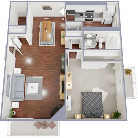 Modern 2D floor plan showcasing a stylish one-bedroom apartment with open-concept living and dining areas, sleek kitchen, and a cozy bathroom, plus a charming balcony.