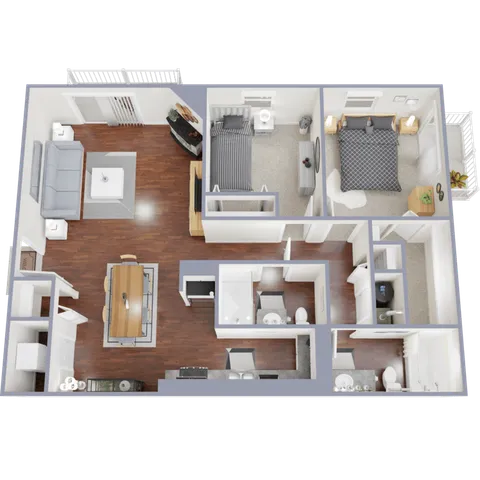 Inviting apartment floor plan featuring 2 cozy bedrooms, spacious open living and dining area, modern kitchen, and 2 bathrooms, perfect for comfortable living.