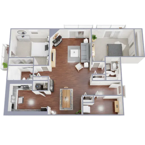 Modern 3D floor plan featuring two cozy bedrooms, an elegant open-concept living and dining area, spacious kitchen, and stylish bathroom with hardwood floors.