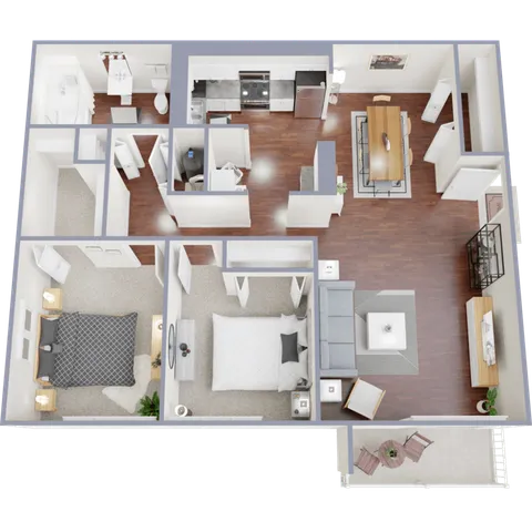 Modern open-concept floor plan featuring two spacious bedrooms, a sleek kitchen, elegant living area, and cozy outdoor balcony.