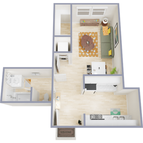Modern 3D floor plan showcasing a cozy one-bedroom apartment with a welcoming entry, spacious living room, stylish kitchen, and elegant bathroom.