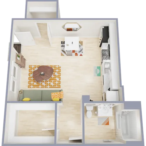 Modern 2D floor plan showcasing an open-plan living area with kitchen, dining space, and cozy living room, complete with a stylish bathroom.