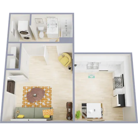 Charming 1-bedroom apartment floor plan featuring an open-concept living room, modern kitchen, and stylish bathroom.