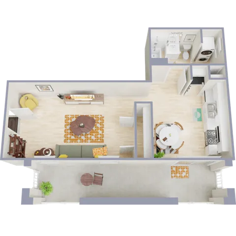 Charming 2D floor plan featuring a cozy living area, modern kitchen, dining space, and a well-appointed bathroom, perfect for stylish living.