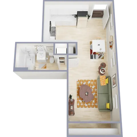Charming 3D floor plan featuring a cozy living room, modern kitchen, fully equipped bathroom, and inviting dining area with hardwood flooring.
