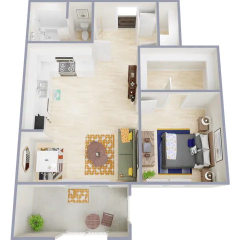Charming open-concept floor plan featuring one bedroom, a cozy living area, sleek kitchen, and a welcoming balcony.