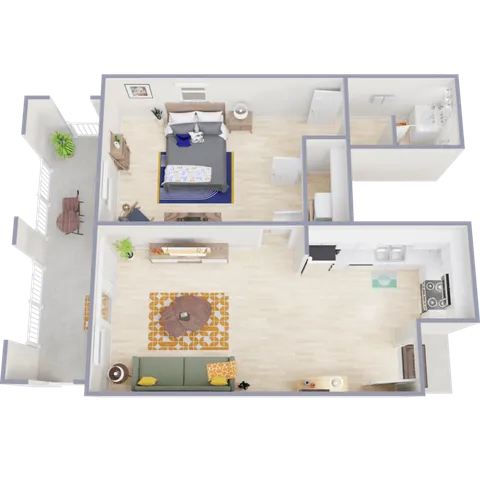 Inviting floor plan featuring a spacious bedroom, open-concept living area, modern kitchen, and cozy balcony.