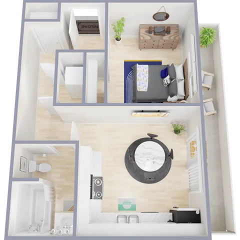 Contemporary 1-bedroom apartment floor plan with cozy living area, modern kitchen, and elegant bathroom. Includes stylish bedroom and inviting entryway.