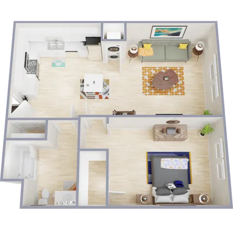 Modern 2D floor plan featuring a spacious bedroom, stylish open-concept living area, and well-equipped kitchen with elegant decor.