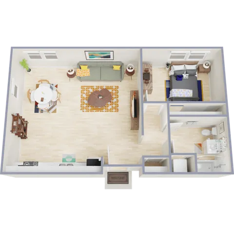 Modern 3D floor plan featuring an open-concept living and dining area, cozy bedroom, and stylish bathroom with sleek design.