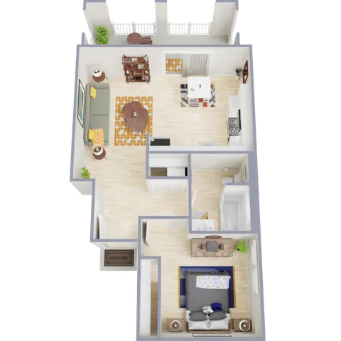 Charming 3D floor plan showcasing an open living area, well-furnished bedroom, modern kitchen, elegant bathroom, and cozy outdoor patio.