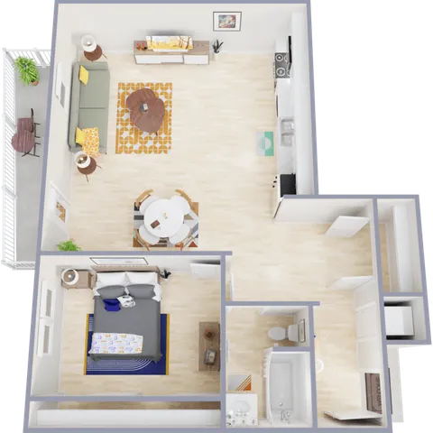 Inviting 2D floor plan showcasing a modern 1-bedroom apartment with an open-concept living and dining area, sleek kitchen, and private balcony.